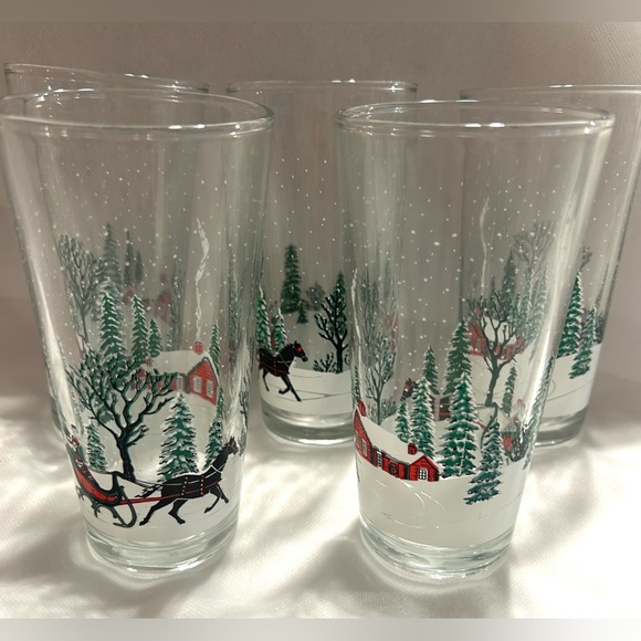 5 Winter Scene.. Holiday highballs. Vintage, KIG Indonesia. 6” tall 3” wide. - Picture 5 of 12
